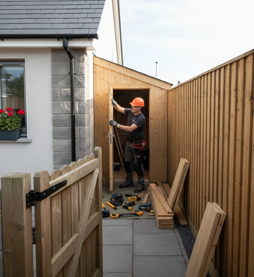 Timothy Pergola expert installing a custom door for a newly built side entrance lean-to shed, transforming an awkward passage into functional storage. Timothy Pergola provides bespoke outdoor solutions, gates, fences, and custom doors for homes in Meath, Dublin, and throughout Ireland