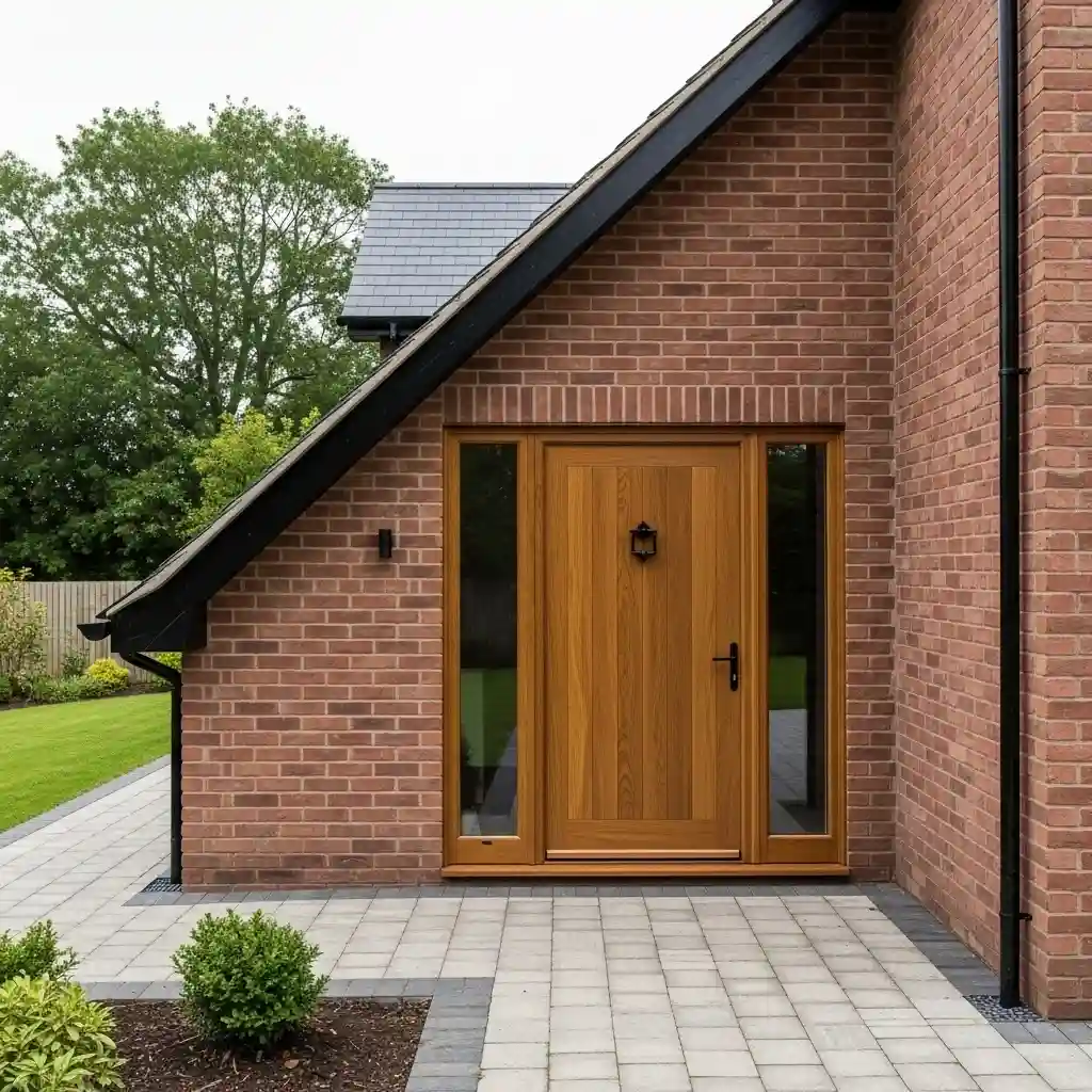 A high-quality, partially open wood-effect composite entrance door with vertical panel detailing and a warm oak finish. The door is equipped with modern chrome hardware, including a sleek handle, a traditional knocker, and a secure letterbox. It is flanked by two clear glass side panels with matching wood-effect frames, allowing natural light into the entryway. The white exterior wall and vibrant pink and white petunias in a planter to the lower right add a touch of welcoming charm. This image highlights a stylish, secure, and energy-efficient front door solution for modern homes.