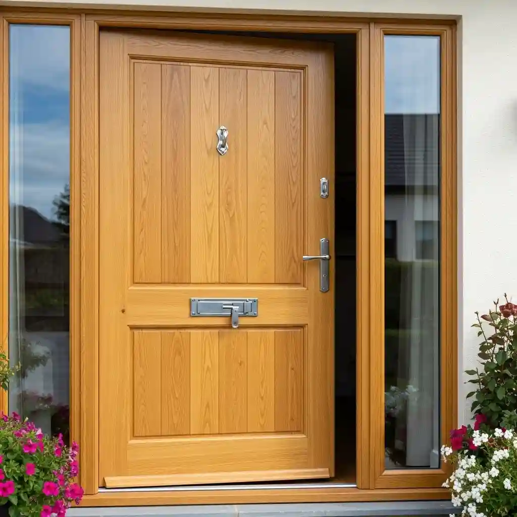 A high-quality, partially open wood-effect composite entrance door with vertical panel detailing and a warm oak finish. The door is equipped with modern chrome hardware, including a sleek handle, a traditional knocker, and a secure letterbox. It is flanked by two clear glass side panels with matching wood-effect frames, allowing natural light into the entryway. The white exterior wall and vibrant pink and white petunias in a planter to the lower right add a touch of welcoming charm. This image highlights a stylish, secure, and energy-efficient front door solution for modern homes.