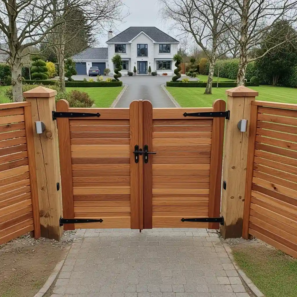 A beautifully crafted wooden driveway gate, with a secure double-door design and horizontal slatted panels, stands proudly at the entrance of a paved driveway leading to a modern, elegant house. The gate is flanked by sturdy wooden posts and extends into a matching horizontal slatted fence on either side. The lush green lawn and well-maintained landscape with manicured trees frame the long driveway, suggesting a private and well-secured property. This image highlights expert craftsmanship in gate and fence construction, ideal for enhancing property security, privacy, and curb appeal in areas like Meath and Dublin.
