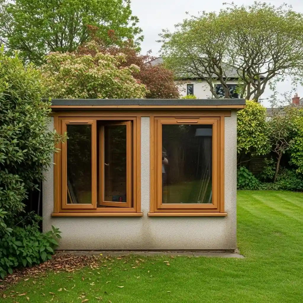 A modern garden building with a flat roof and light-colored textured walls. It features two prominent wood-effect framed windows, with the left window slightly ajar, showcasing excellent craftsmanship and a natural aesthetic. The building is nestled within a vibrant green garden, surrounded by lush trees and well-maintained shrubbery, suggesting a serene and functional outdoor space. This image is suitable for illustrating high-quality garden structures or window installations designed to complement residential landscapes in areas like Meath and Dublin.