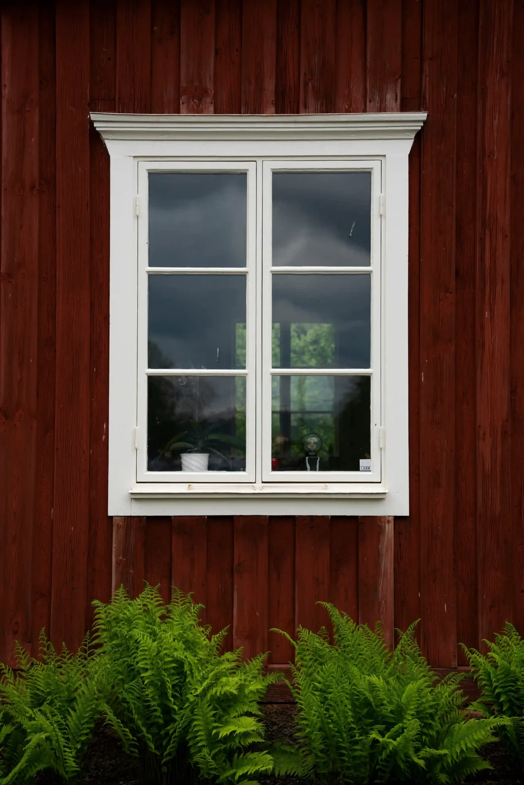 A modern garden building with a flat roof and light-colored textured walls. It features two prominent wood-effect framed windows, with the left window slightly ajar, showcasing excellent craftsmanship and a natural aesthetic. The building is nestled within a vibrant green garden, surrounded by lush trees and well-maintained shrubbery, suggesting a serene and functional outdoor space. This image is suitable for illustrating high-quality garden structures or window installations designed to complement residential landscapes in areas like Meath and Dublin.