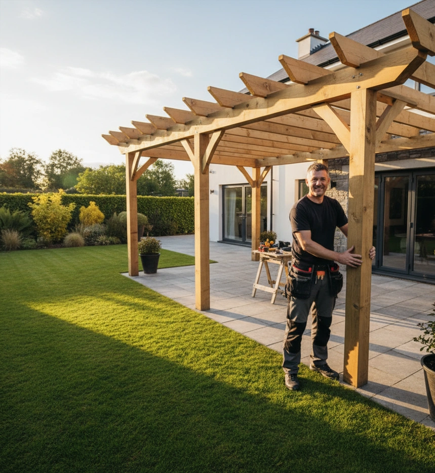 A smiling craftsman in work gloves, holding tools, stands proudly next to a newly constructed timber pergola on a sunny day in an upscale Irish garden, reflecting professional service and quality.